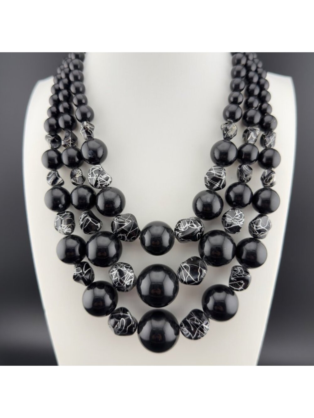 Vintage Beaded Statement Necklace Black Silver Acrylic Multi Strand